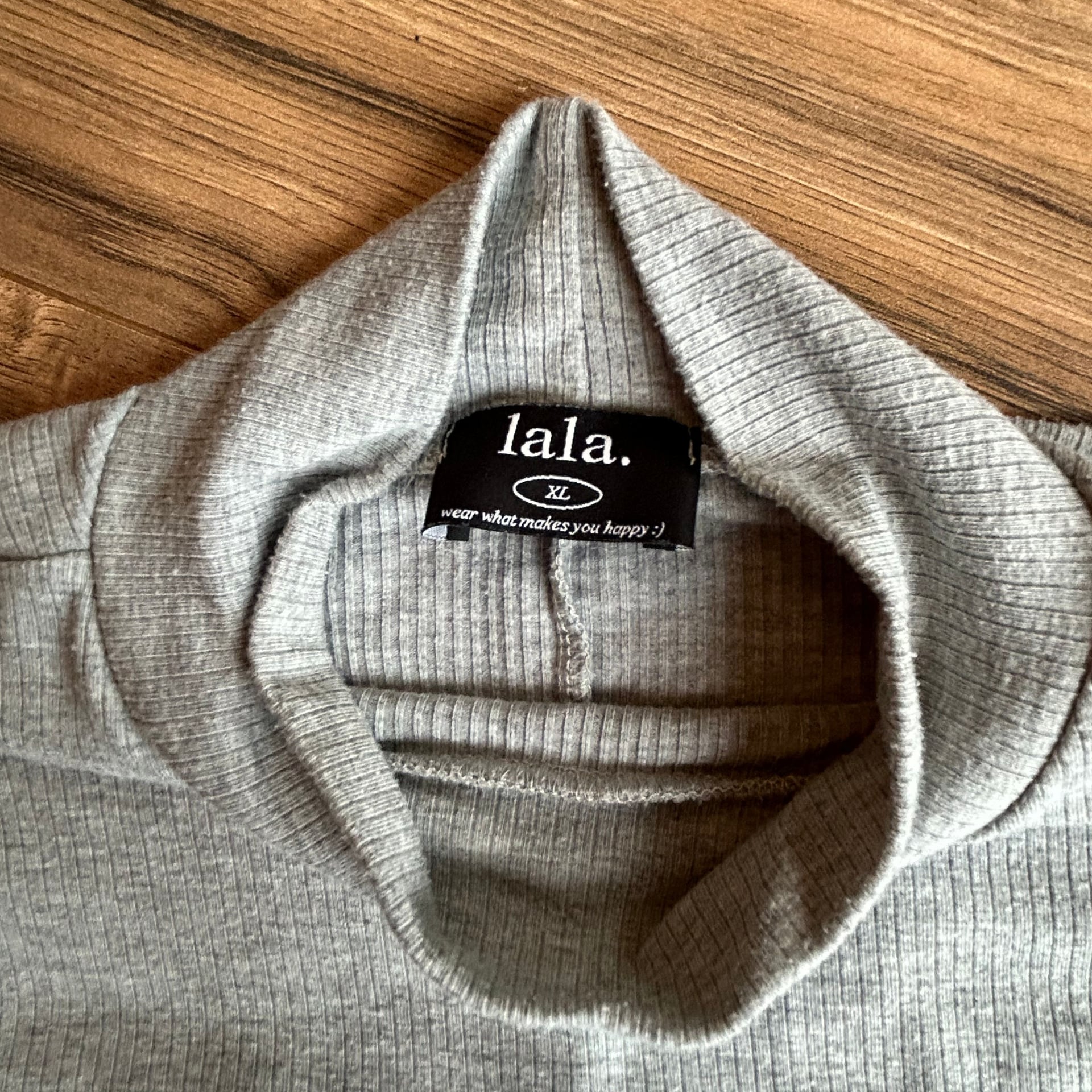 Dressed in Lala. Grey Ribbed High-Neck Mock Turtleneck, side slit T-Shirt 8