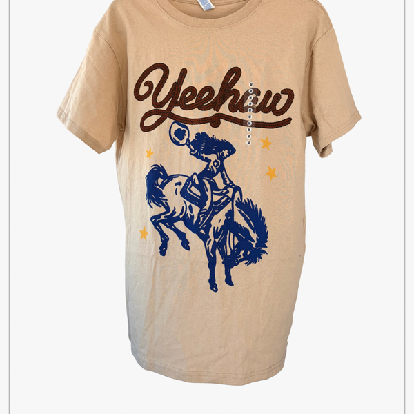 Goodie Two style Sleeves Tan Yeehaw Cowgirl Graphic T-Shirt