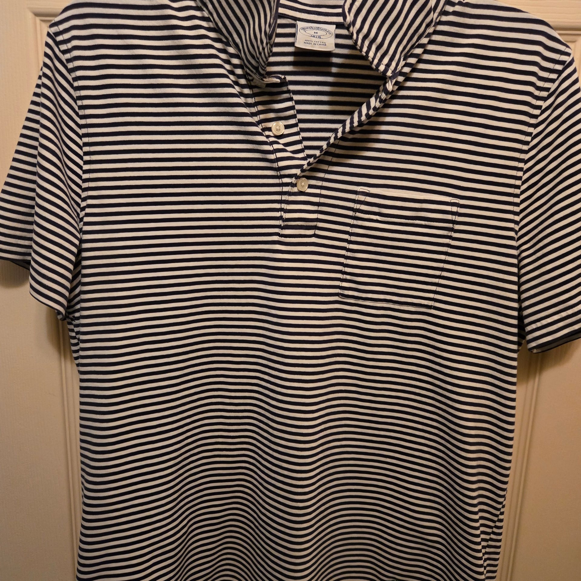 Brooks Brothers 1818 Men's Size M Navy & White Striped Short Sleeve Pocket Polo 1