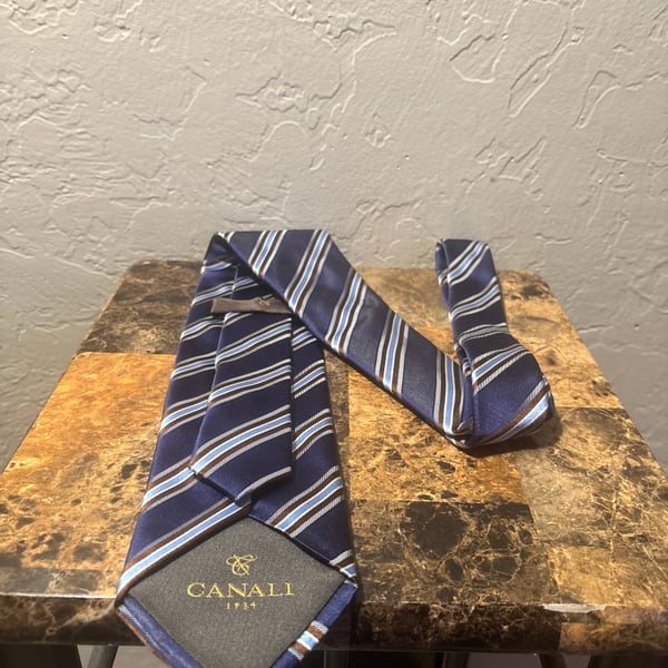 Canali Made in Italy Navy Blue and Brown Striped Silk Jacquard Tie