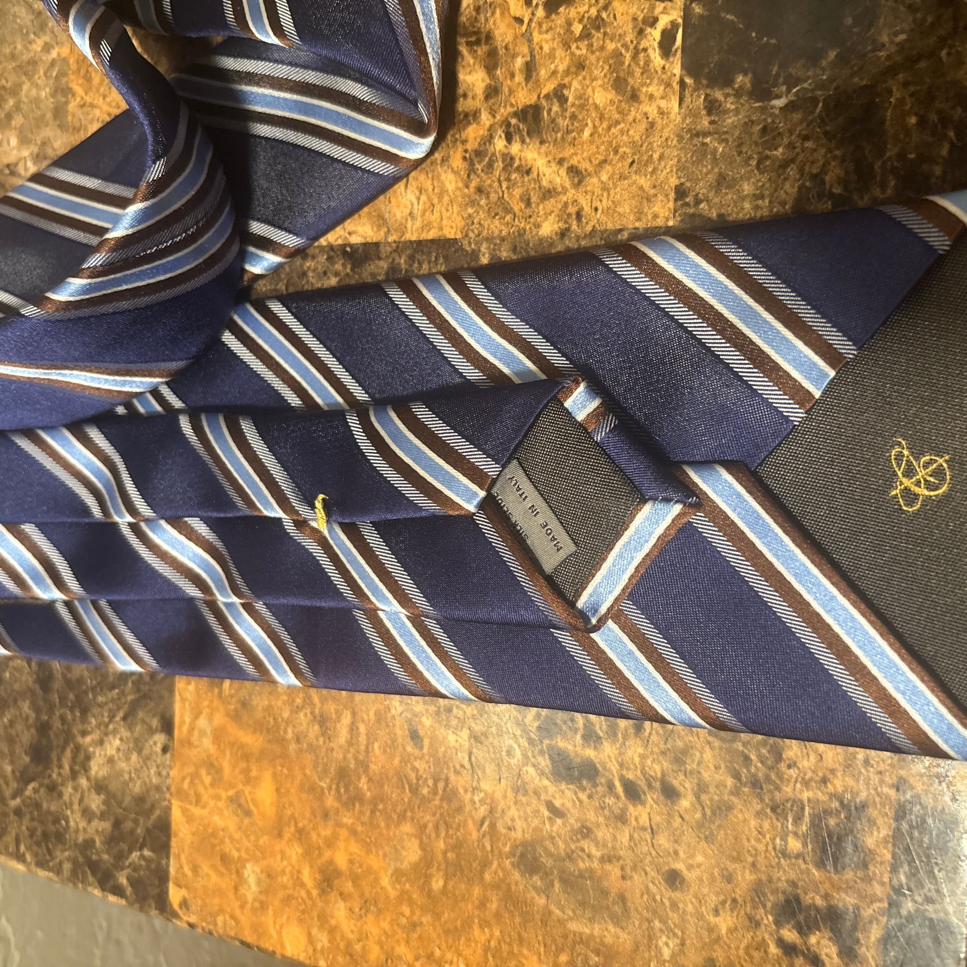 Canali Made in Italy Navy Blue and Brown Striped Silk Jacquard Tie 2