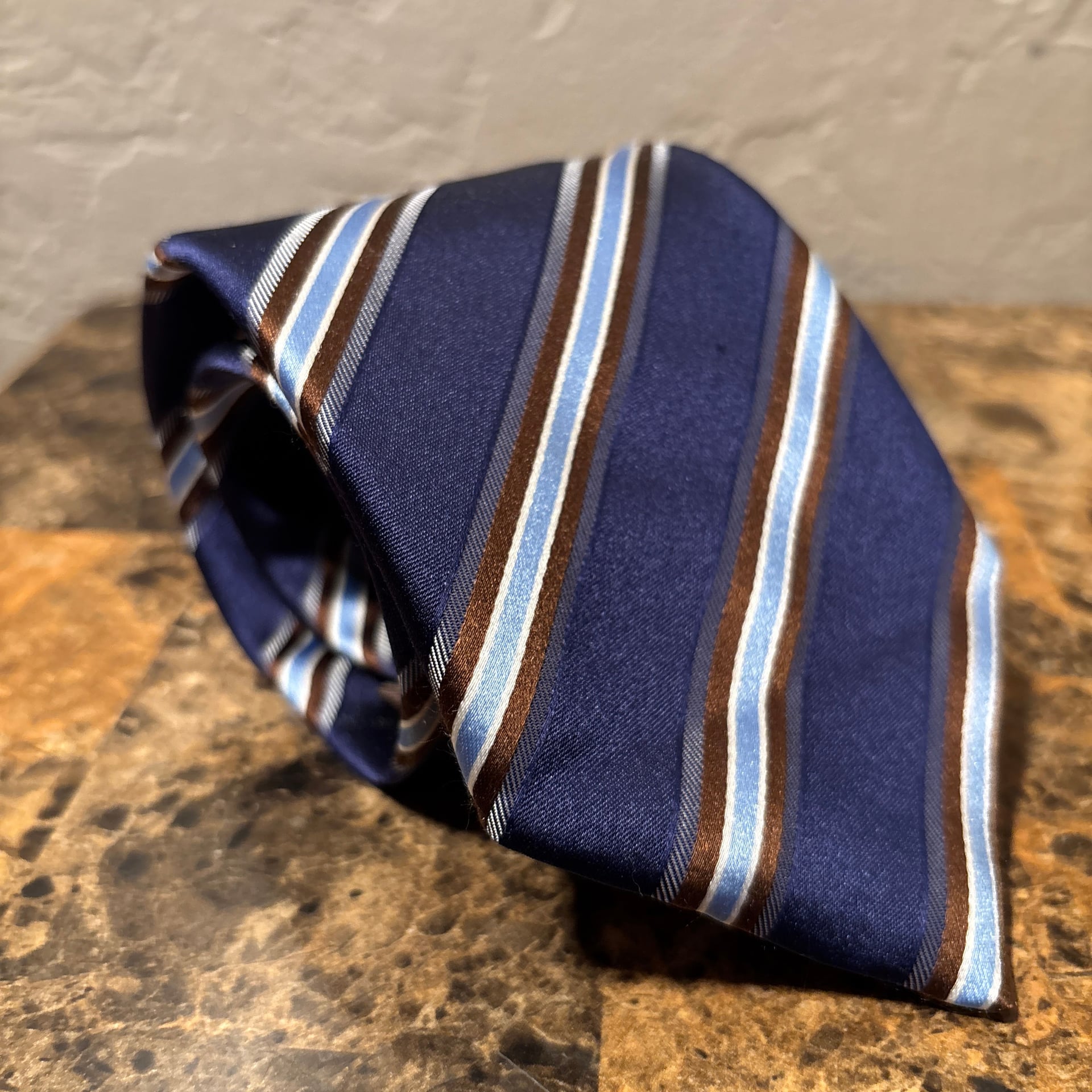Canali Made in Italy Navy Blue and Brown Striped Silk Jacquard Tie 3