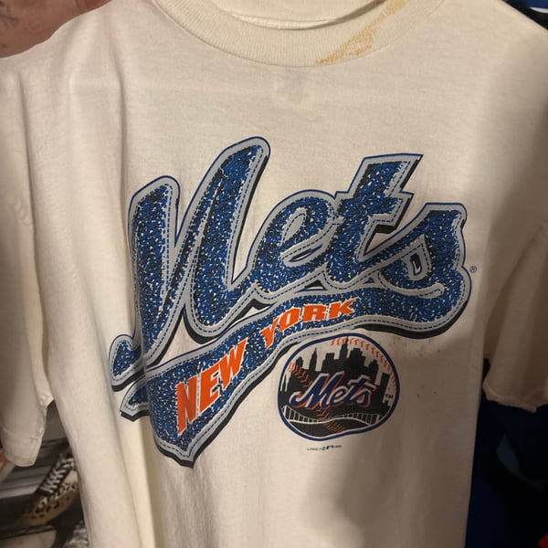 Vintage 1989 Logo 7 New York Mets City Skyline Graphic T-Shirt Large