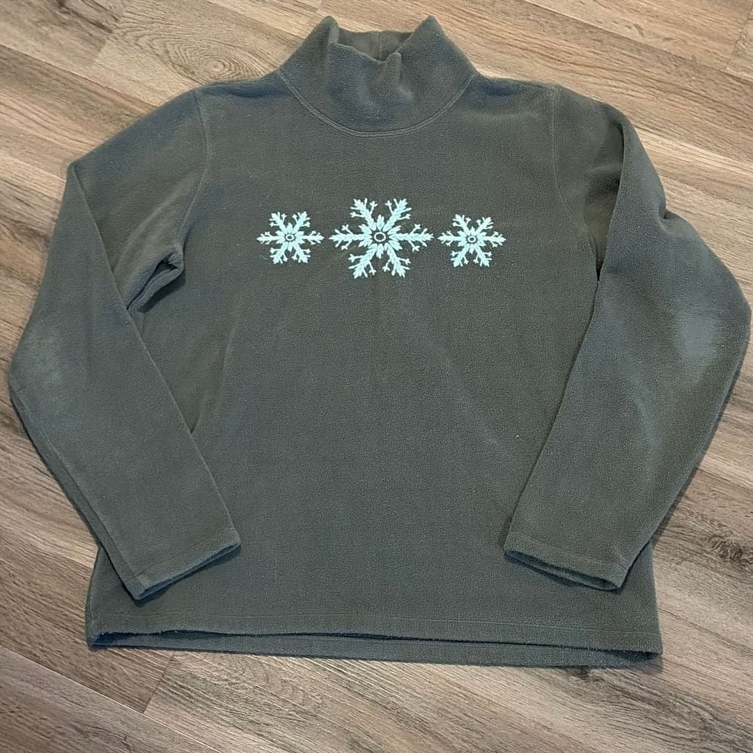 Lands' End Women's Green Fleece Snowflake Embroidered Mock Neck Pullover Medium 2
