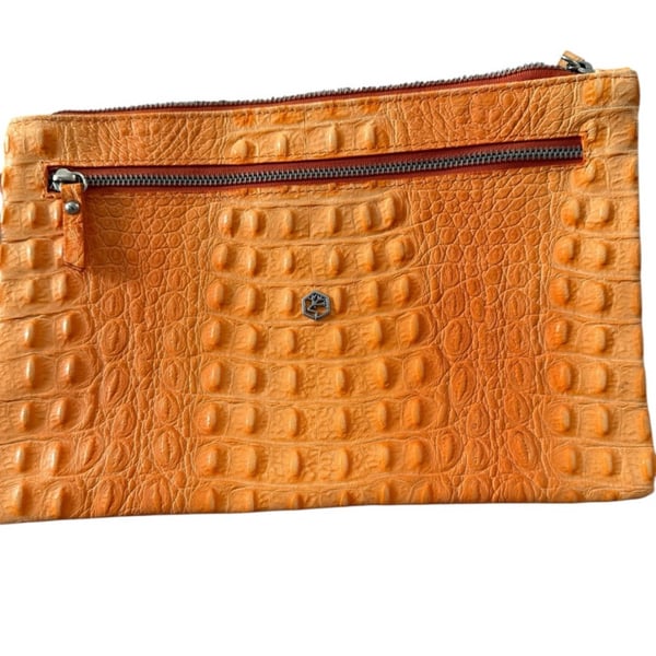 Valentina Tangerine Orange Croc Embossed Leather Zip Clutch. Brand New!