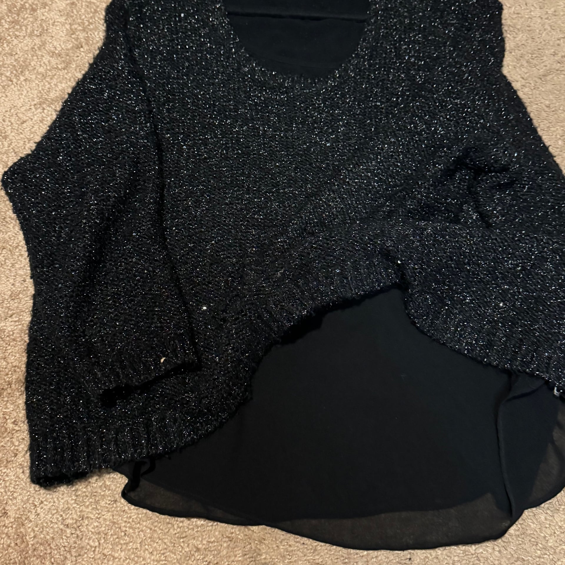 Jennifer Lopez Black Glimmer Eyelash Knit Twofer Sweater with Chiffon Layer size L 2