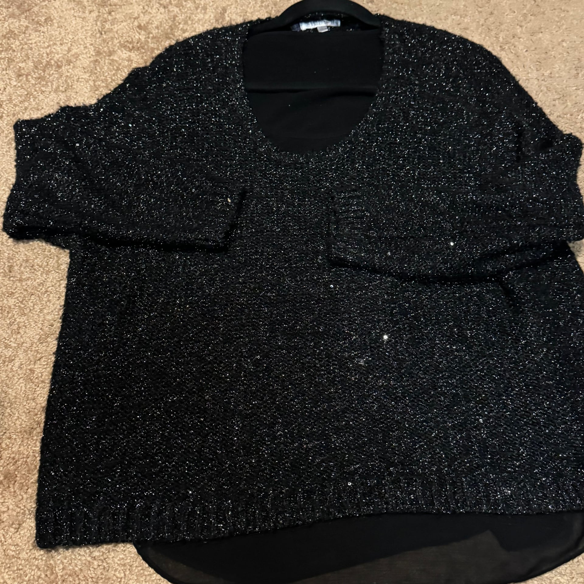 Jennifer Lopez Black Glimmer Eyelash Knit Twofer Sweater with Chiffon Layer size L 3