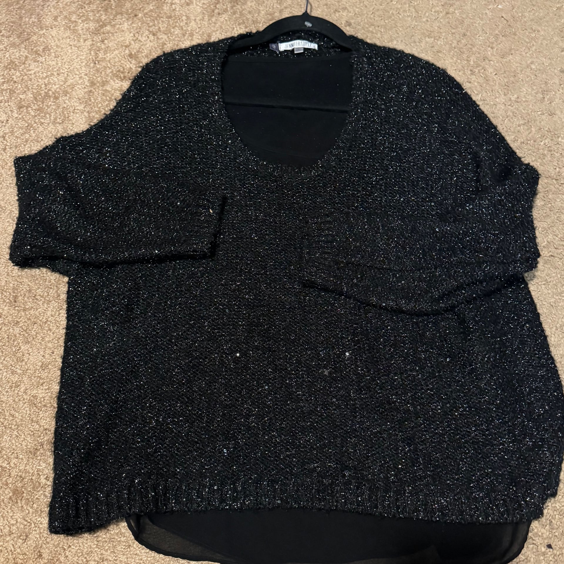 Jennifer Lopez Black Glimmer Eyelash Knit Twofer Sweater with Chiffon Layer size L 4