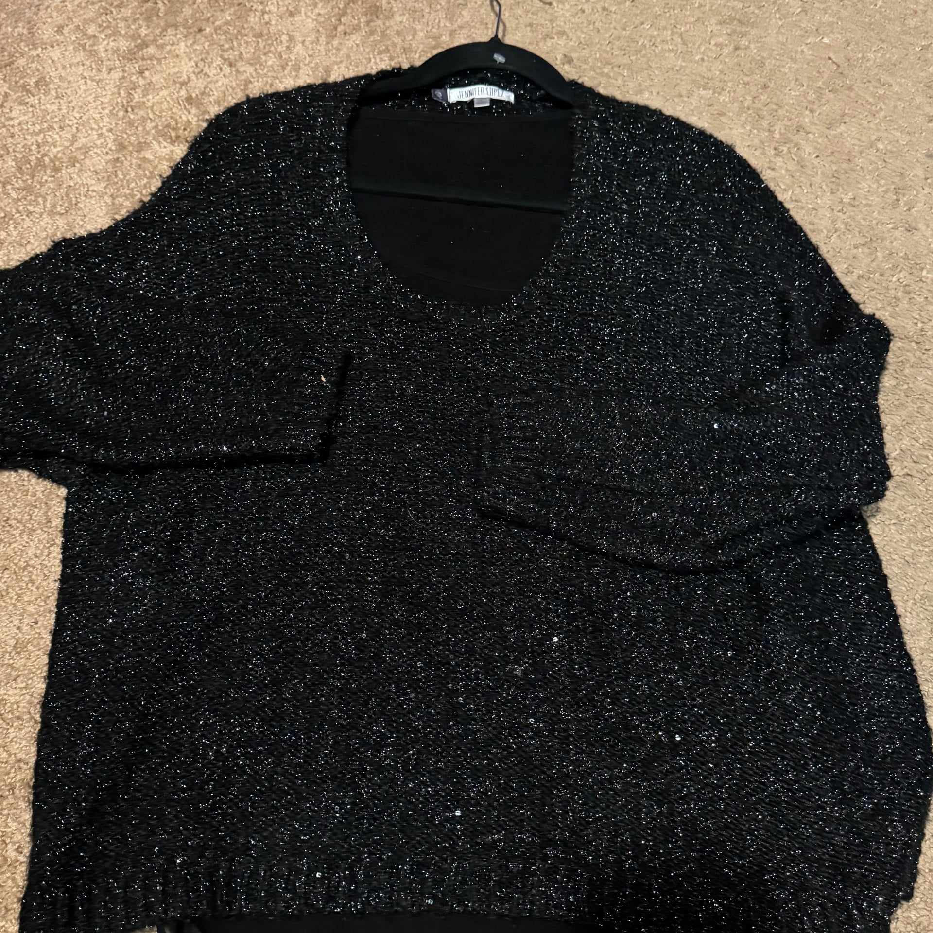 Jennifer Lopez Black Glimmer Eyelash Knit Twofer Sweater with Chiffon Layer size L 5