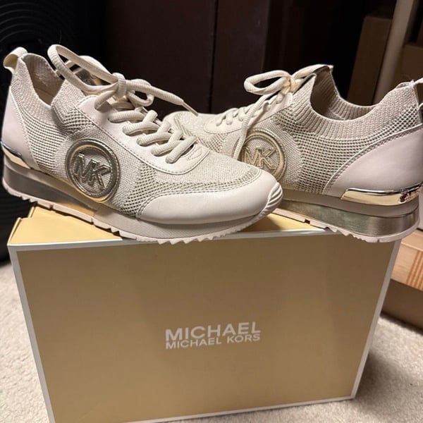 MICHAEL Michael Kors Jenkins Metallic Stretch Knit Trainer in Pale Gold
