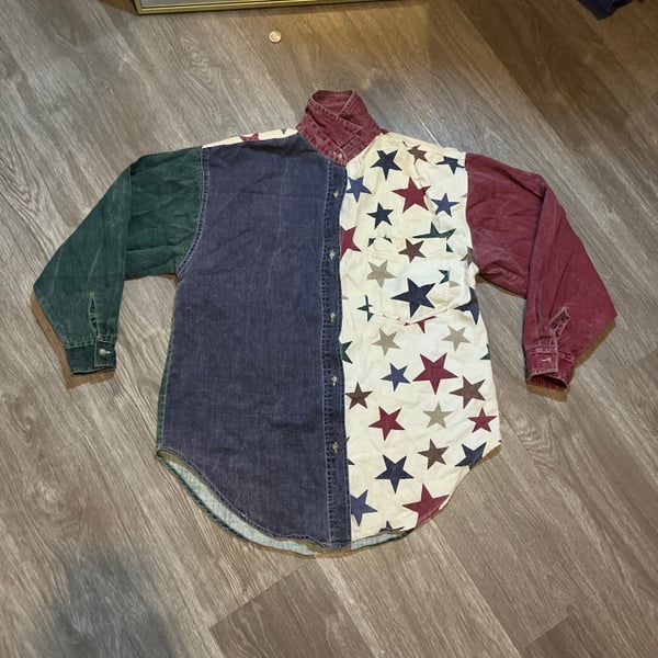 Vintage Quizz New York American Flag Colorblock Denim Button Up Shirt