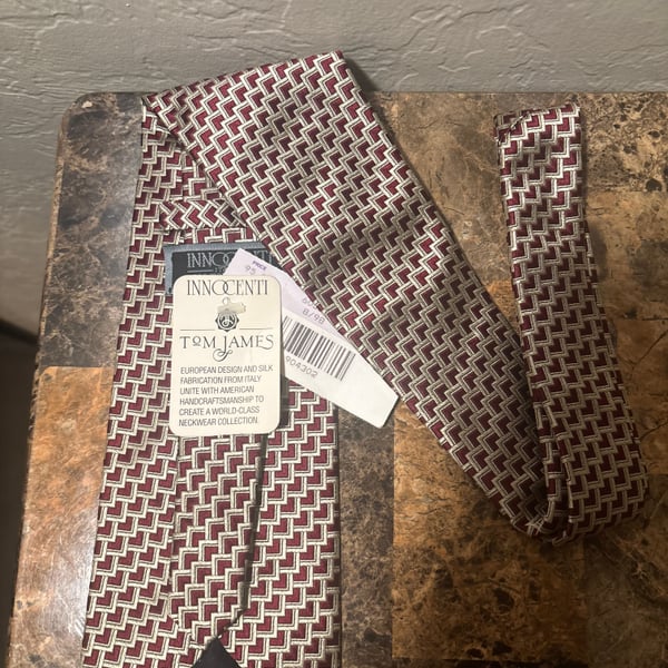 Tom James Innocenti Geometric Silk Necktie Maroon and Silver