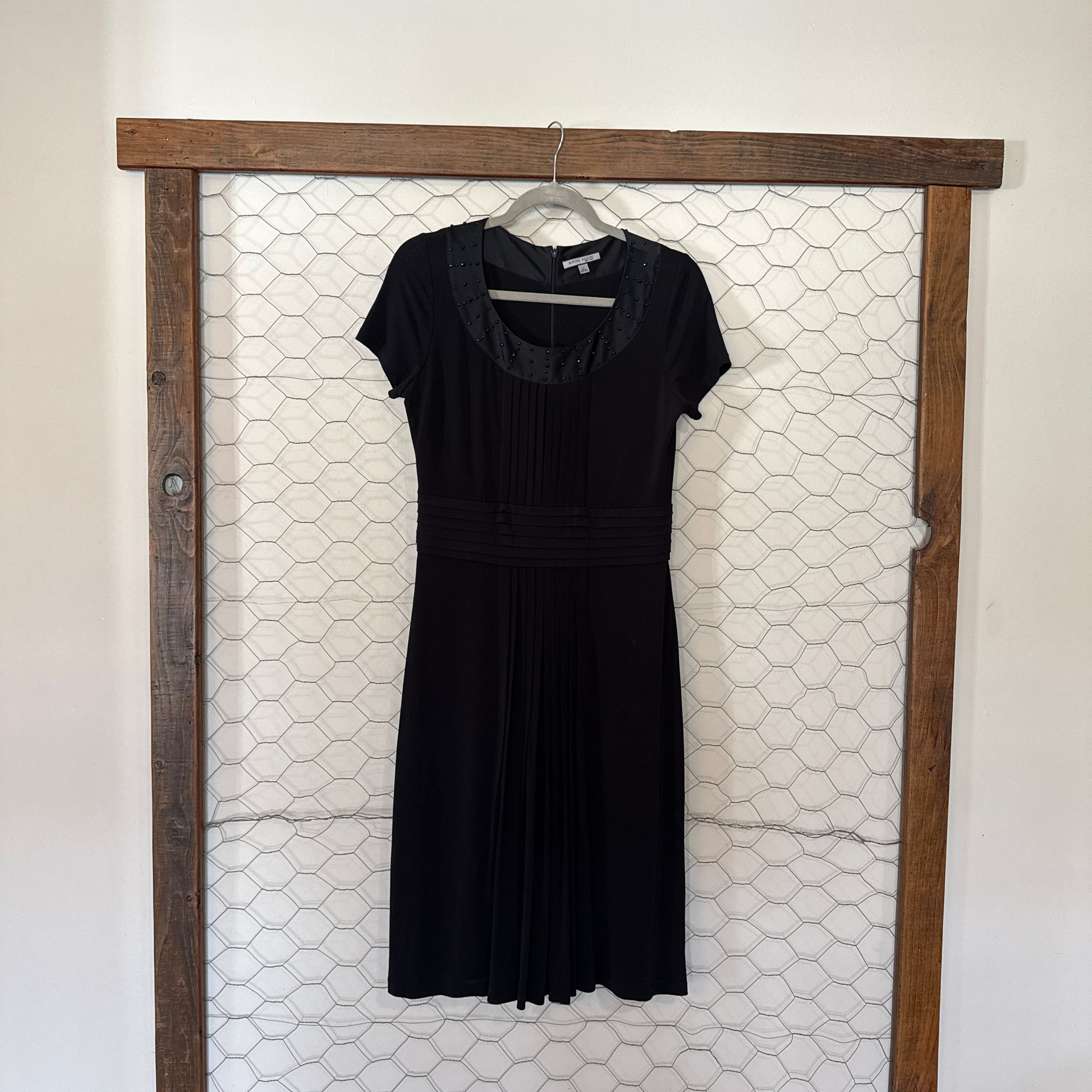 Anne Klein New York Black Pleated Short Sleeve Dress with Beaded Neckline 2