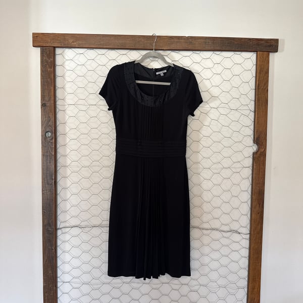 Anne Klein New York Black Pleated Short Sleeve Dress with Beaded Neckline