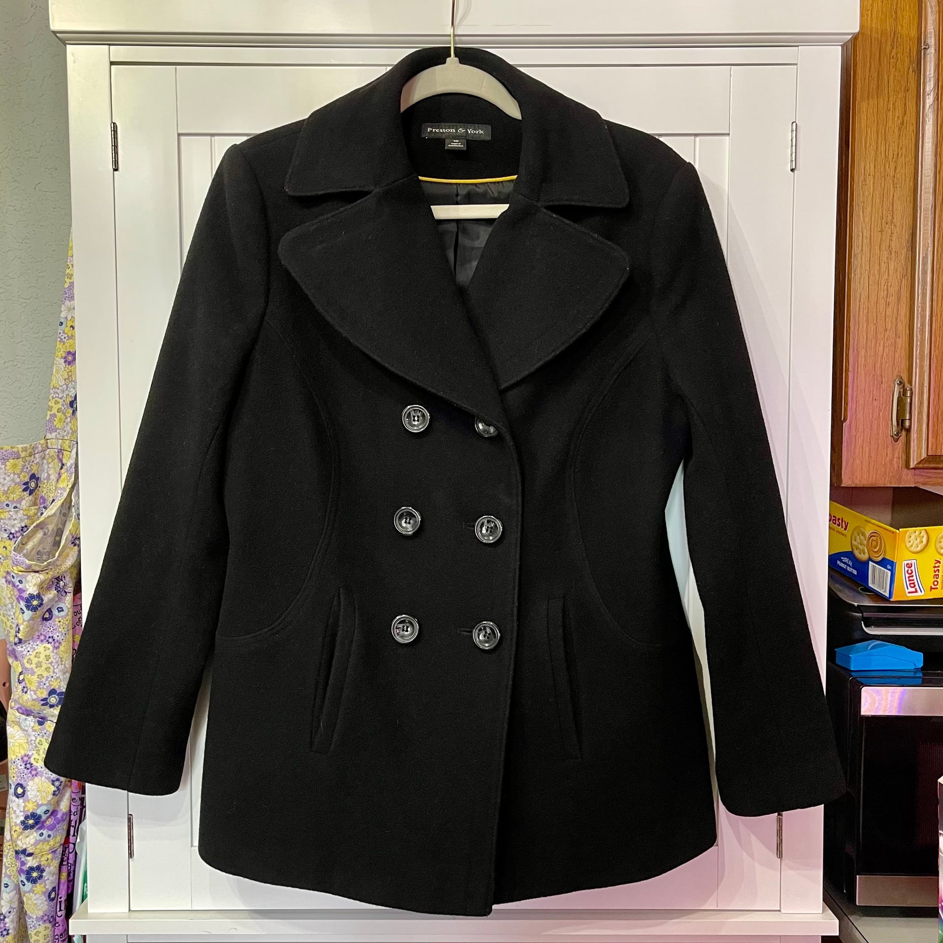 Preston & York Women's Classic Black Double Breasted Wool Blend Peacoat 2