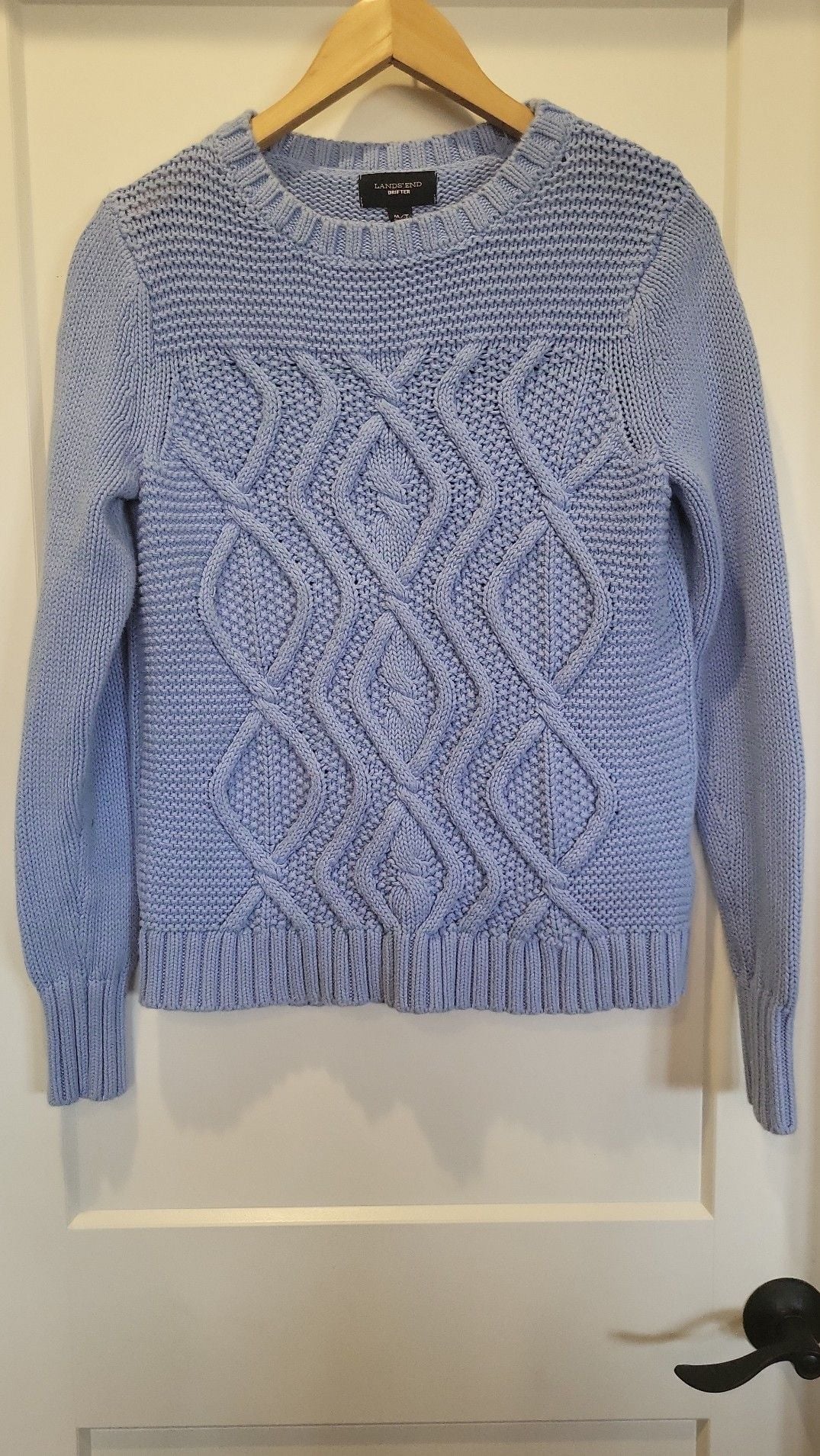 Lands' End Drifter Blue Cotton Heritage Diamond Cable Knit Crewneck Grandma Sweater y2k, size medium tall 2
