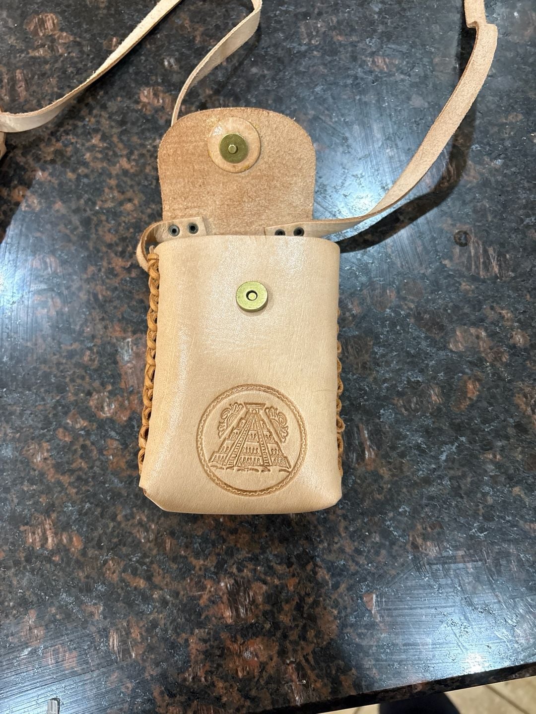 Vintage Hand-Tooled Leather Souvenir Mexico Crossbody Pouch with Pyramid Crest 2