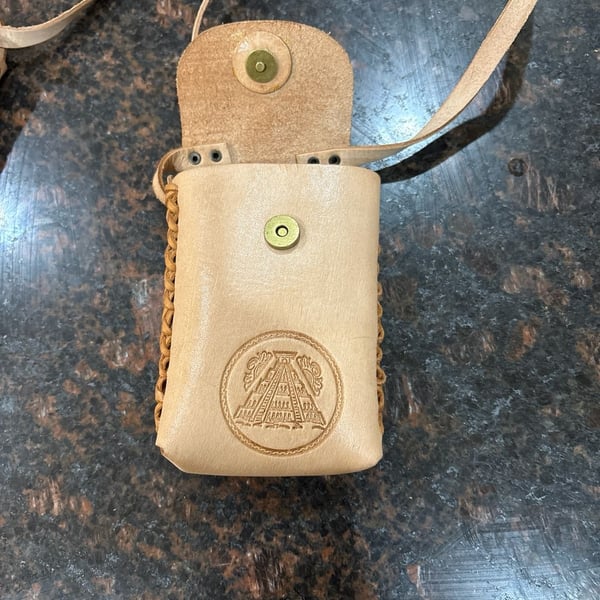 Vintage Hand-Tooled Leather Souvenir Mexico Crossbody Pouch with Pyramid Crest