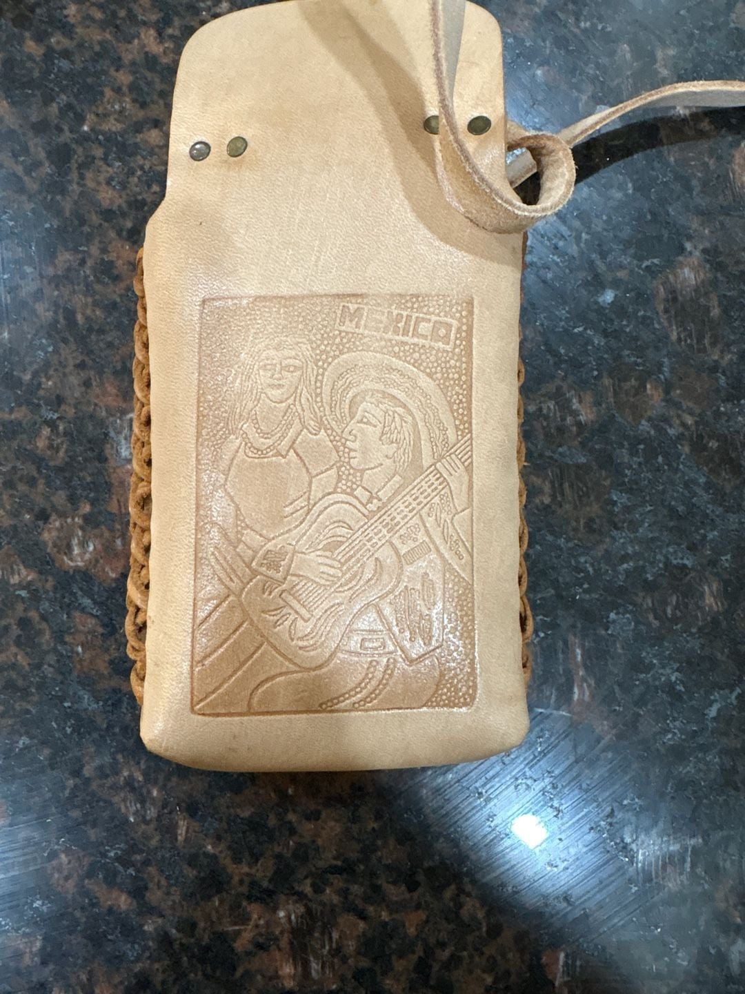 Vintage Hand-Tooled Leather Souvenir Mexico Crossbody Pouch with Pyramid Crest 3