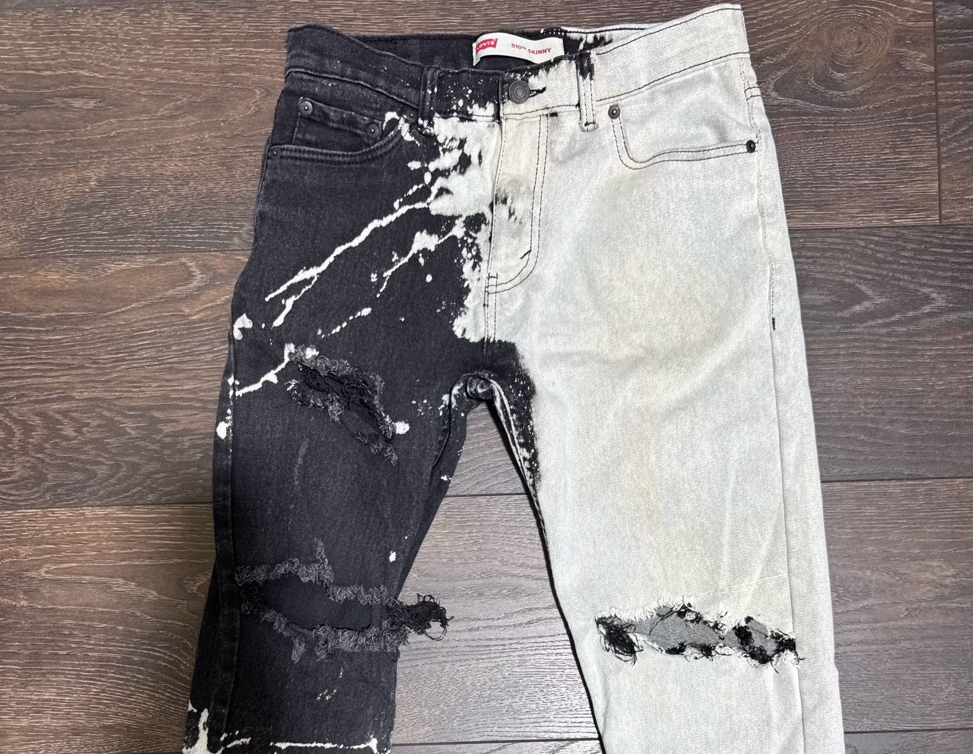 Levi's 510 Skinny Ripped Custom Bleach Distressed Denim Jeans 18 Red. Youth 11
