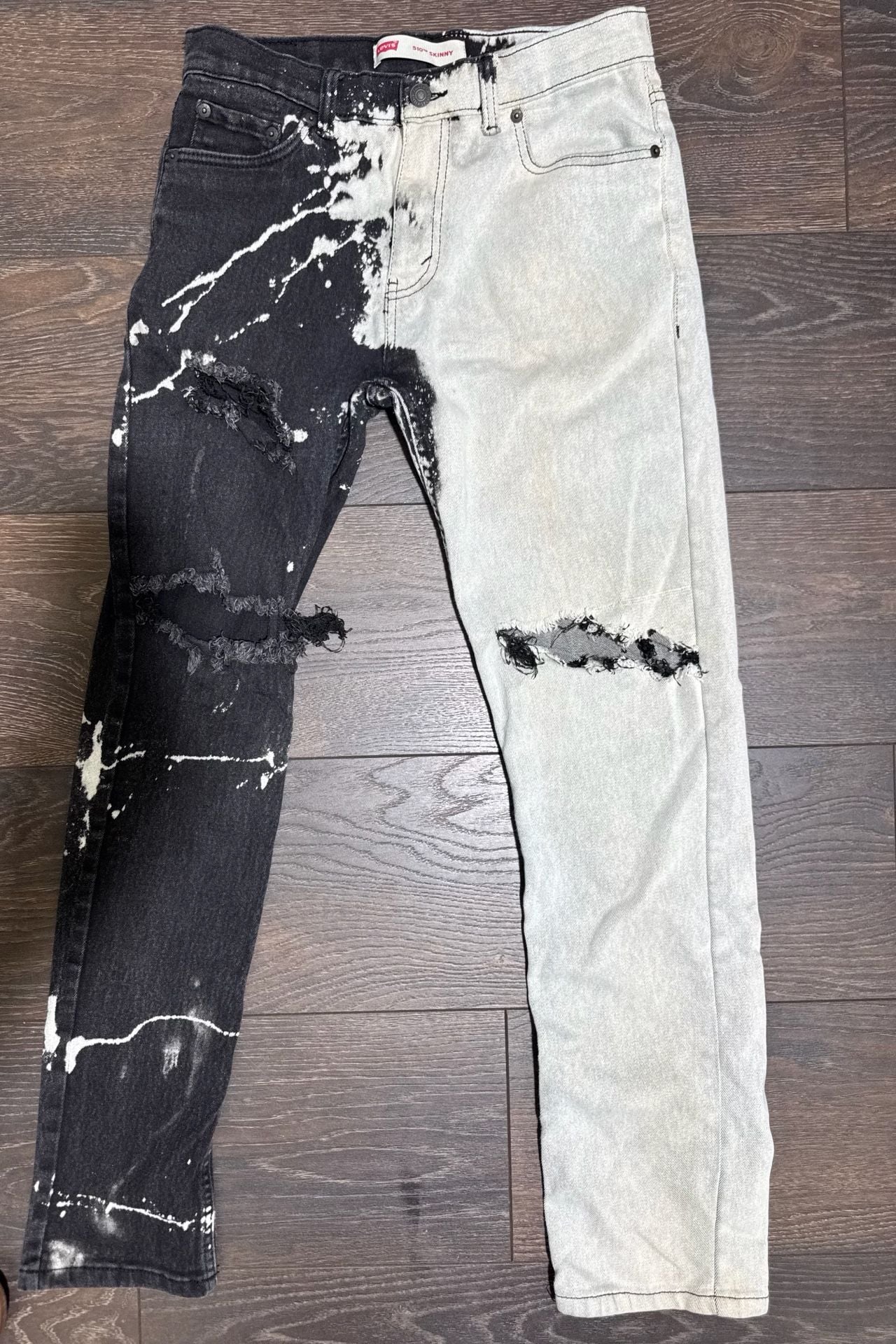 Levi's 510 Skinny Ripped Custom Bleach Distressed Denim Jeans 18 Red. Youth 12