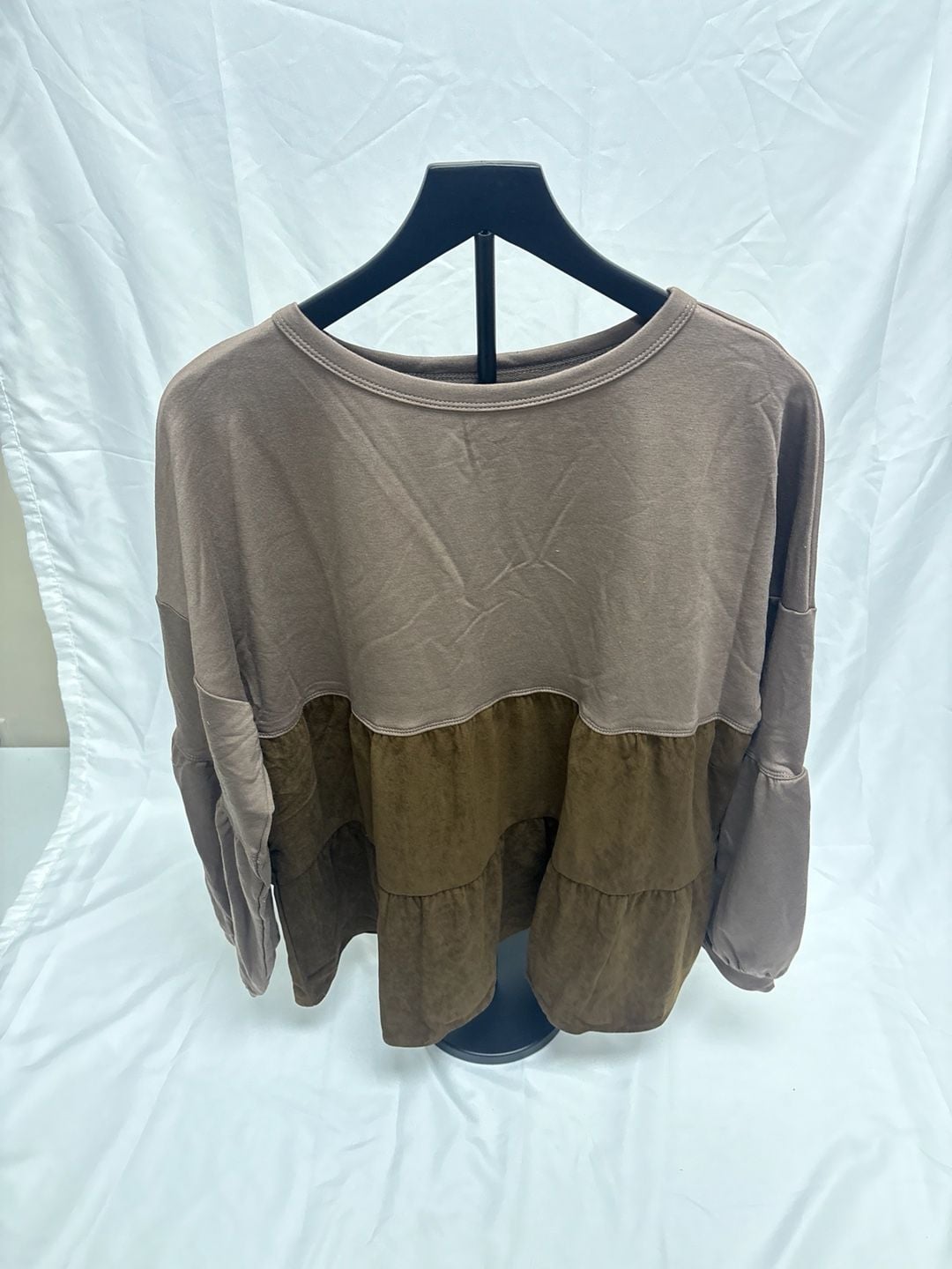 Women's Tiered Two-Tone Corduroy and Knit Peplum Long Sleeve Top Brown Size L 2