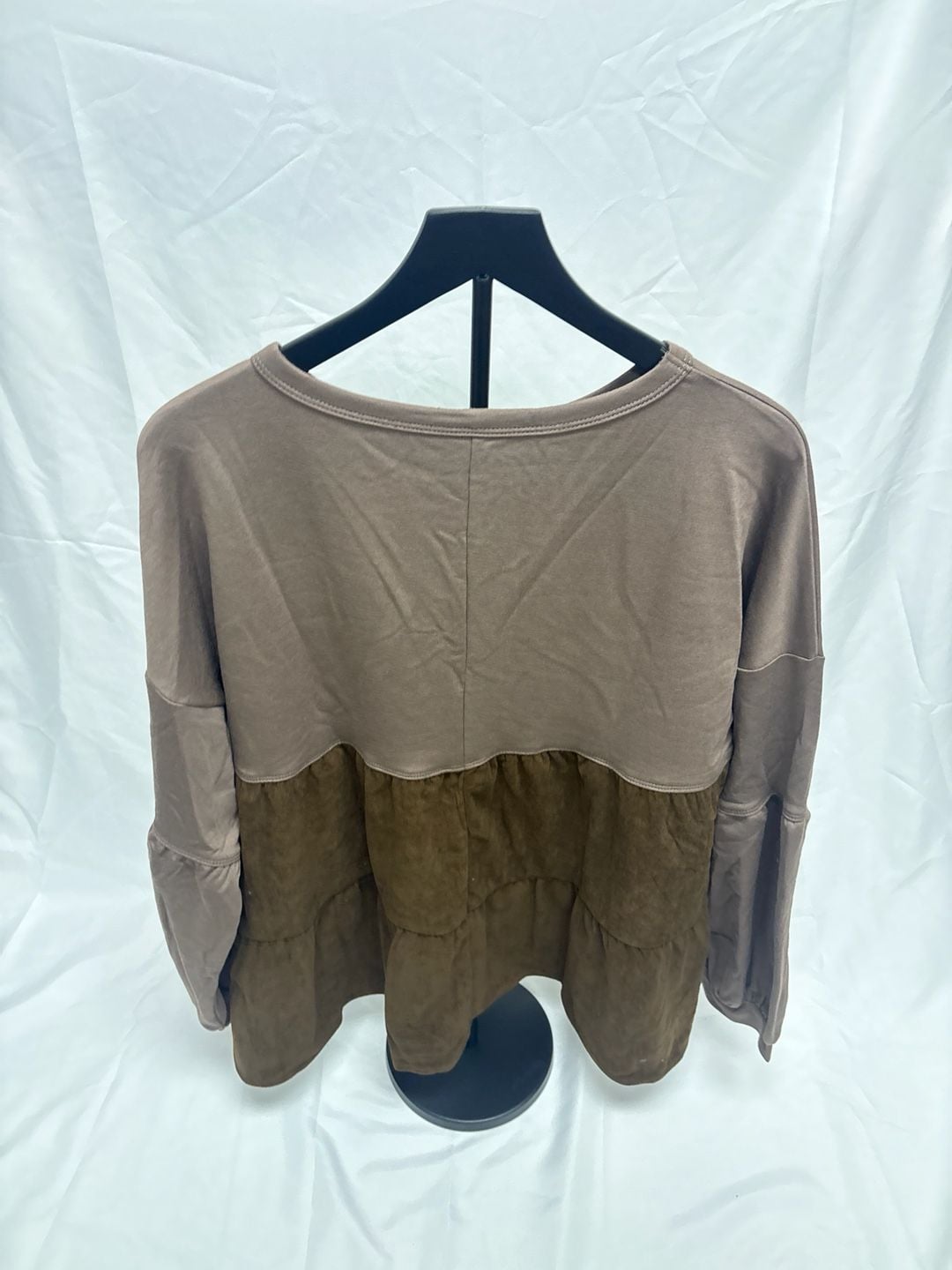 Women's Tiered Two-Tone Corduroy and Knit Peplum Long Sleeve Top Brown Size L 3
