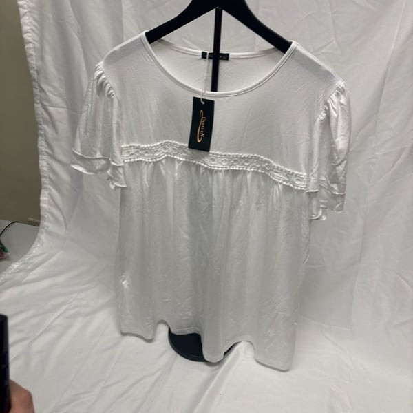 Ofeefan Women's XXL White Lace Trim Babydoll Peplum Blouse Short Flutter Sleeve Top