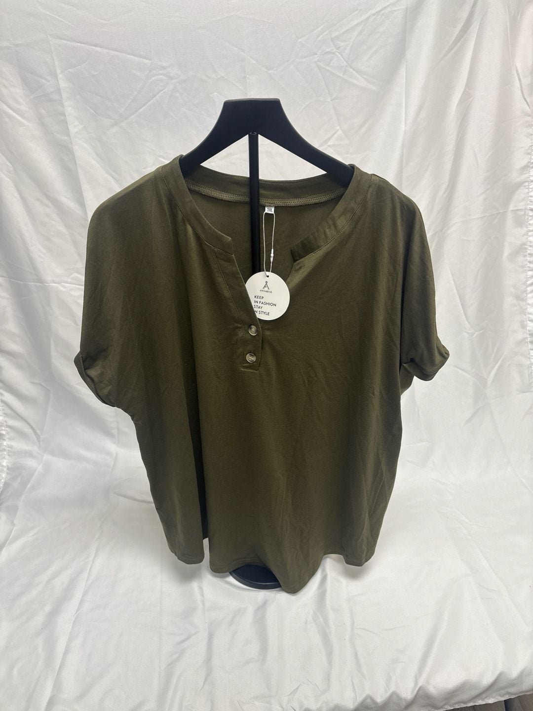 Anrabess Women's Oversized Short Sleeve Henley Top in Army Green Size 3XL 2