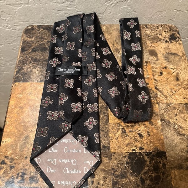 Vintage Christian Dior Monsieur Black Silk Necktie with Floral Geometric Pattern