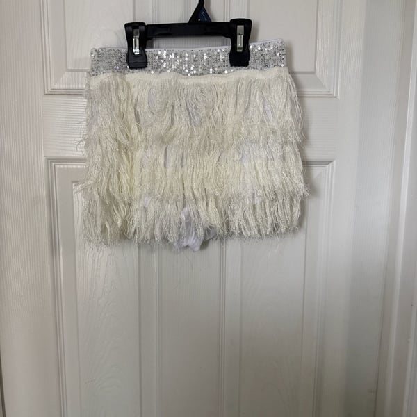 SHEIN White Tiered Fringe Mini Skirt with Sequin Waistband