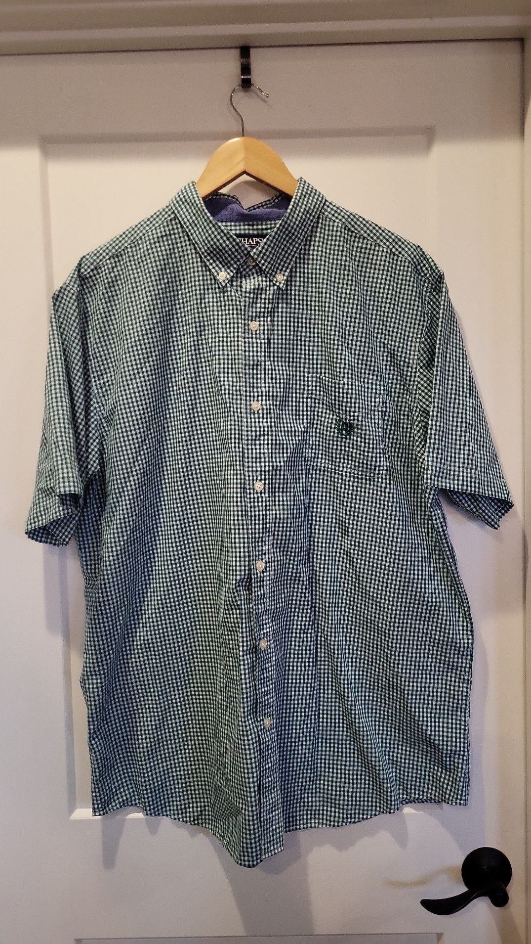 Chaps Men's Green and White Gingham Plaid Short Sleeve Button Down Shirt XXL, #1011 2