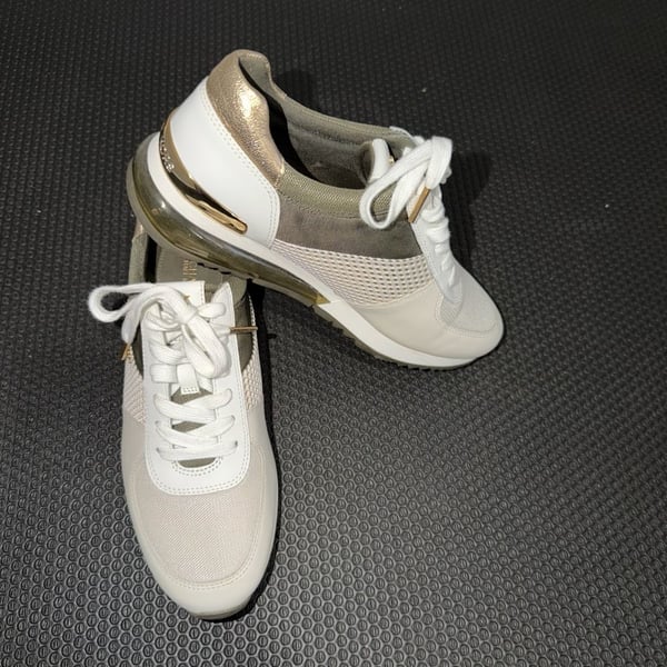 Michael Kors Allie Extreme Mixed-Media Trainer Sneakers in White and Gold