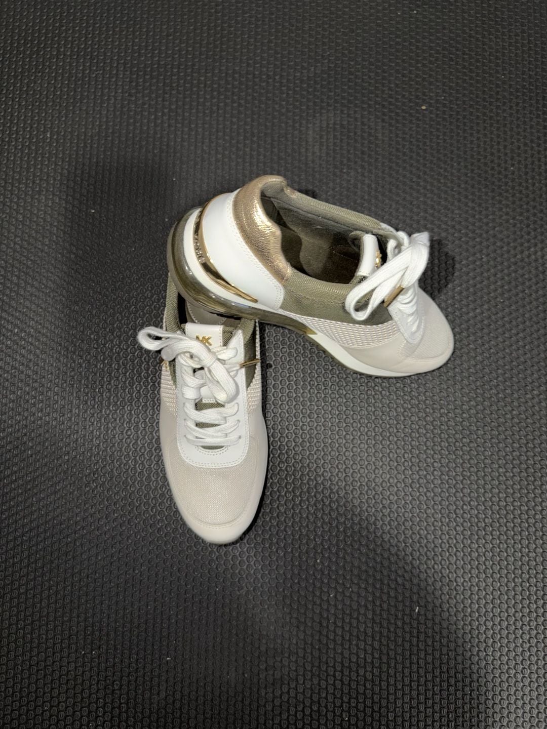 Michael Kors Allie Extreme Mixed-Media Trainer Sneakers in White and Gold 2