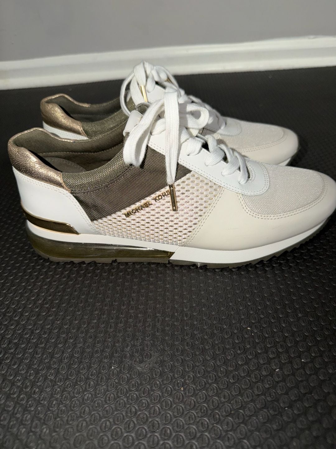 Michael Kors Allie Extreme Mixed-Media Trainer Sneakers in White and Gold 4