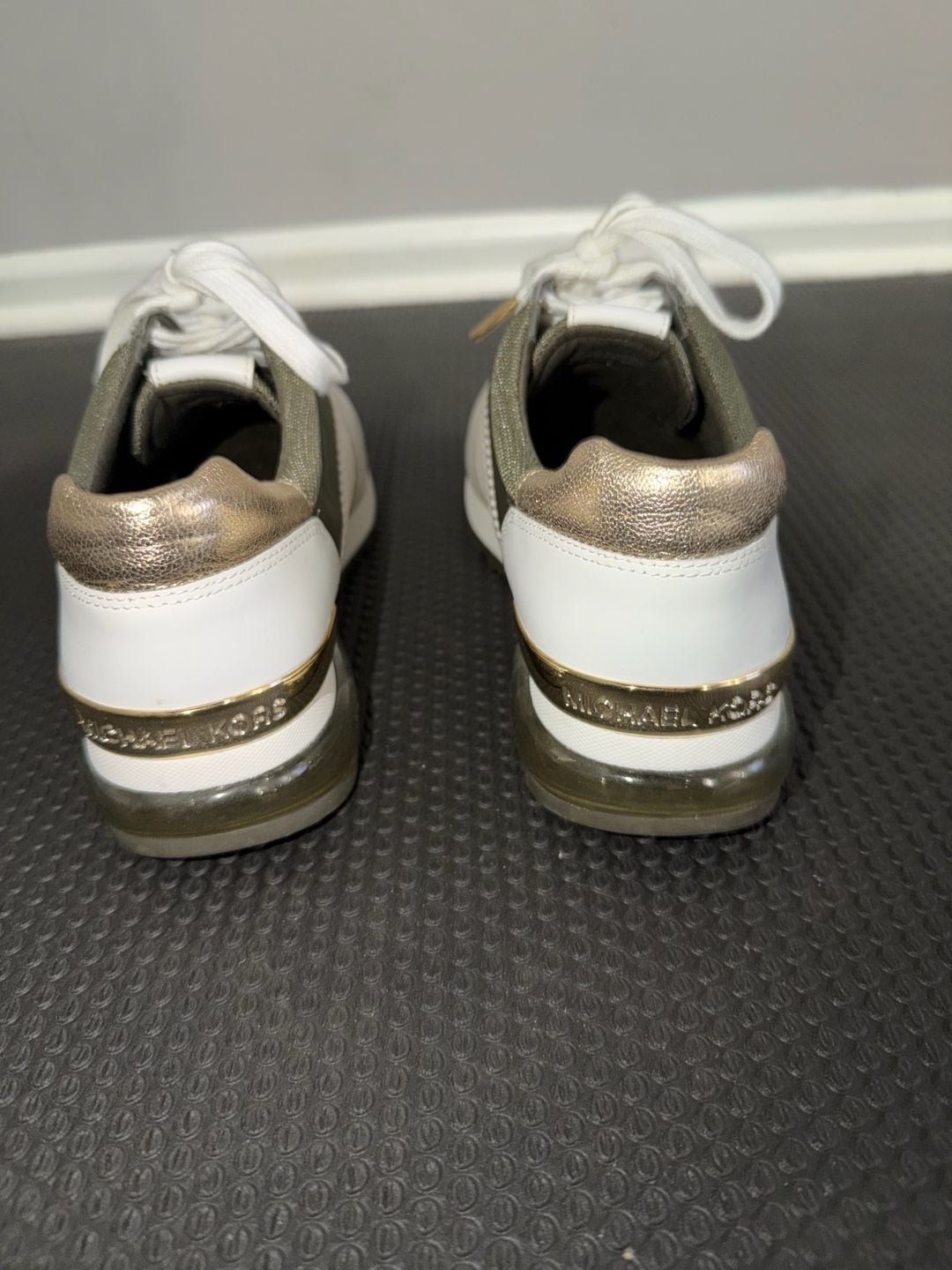 Michael Kors Allie Extreme Mixed-Media Trainer Sneakers in White and Gold 5