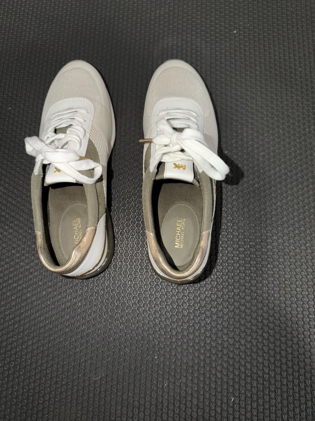 Michael Kors Allie Extreme Mixed-Media Trainer Sneakers in White and Gold 6