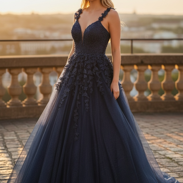 Navy Blue Lace Applique Tulle A-Line Gown