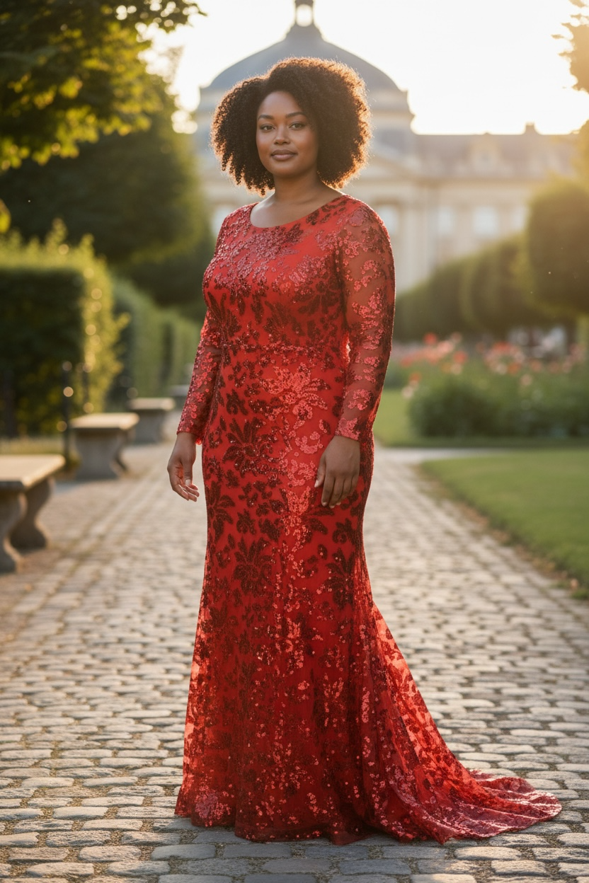 Red Long Sleeve Sequin Floral Mermaid Evening Gown 2