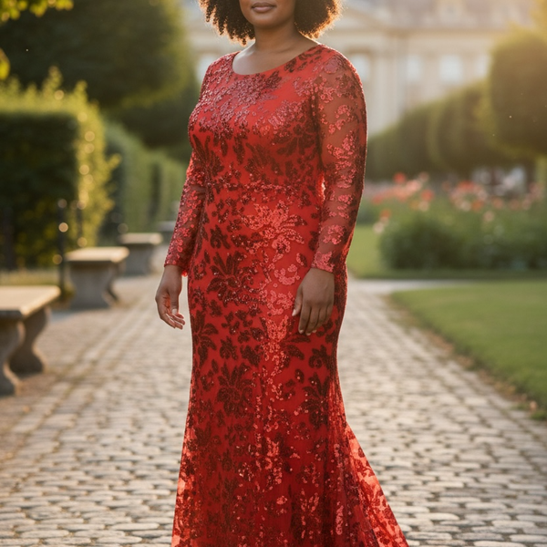 Red Long Sleeve Sequin Floral Mermaid Evening Gown