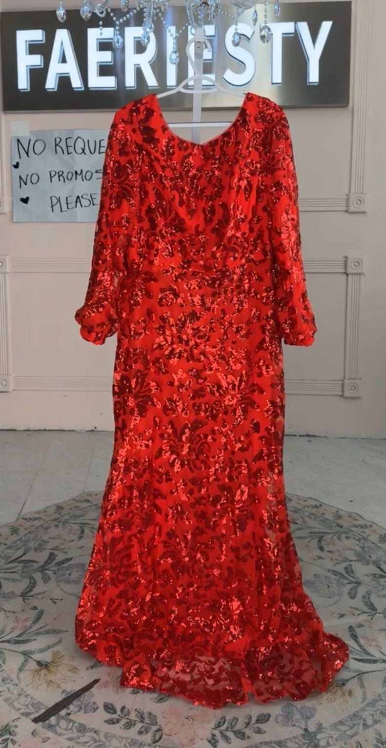 Red Long Sleeve Sequin Floral Mermaid Evening Gown 3