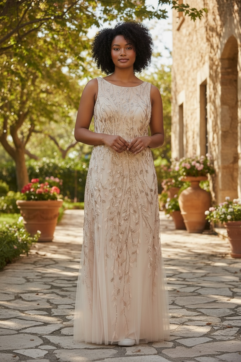 Boatneck Sleeveless Leaf Motif Sequin Beaded Mesh Gown 2