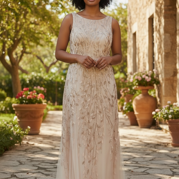Boatneck Sleeveless Leaf Motif Sequin Beaded Mesh Gown