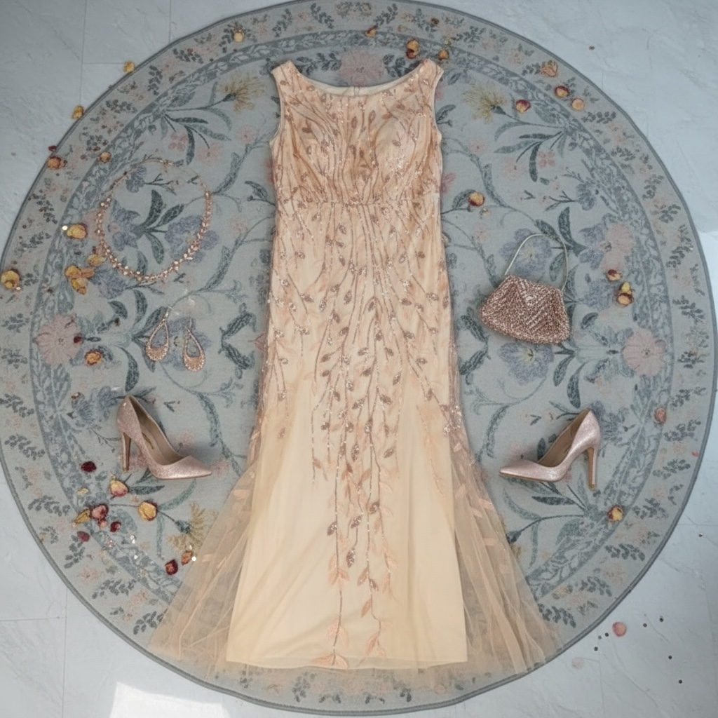 Boatneck Sleeveless Leaf Motif Sequin Beaded Mesh Gown 3