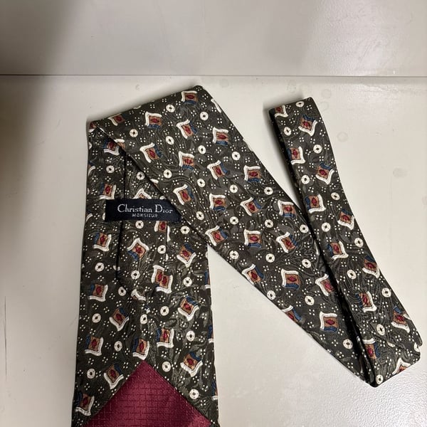Vintage Christian Dior Monsieur Polyester Tie Olive Green Geometric Pattern