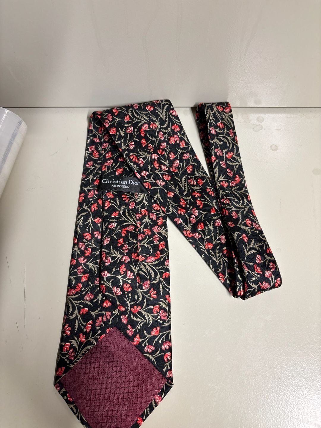 Christian Dior Monsieur Vintage Floral Silk Necktie Black with Red Flower Print 1