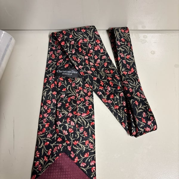 Christian Dior Monsieur Vintage Floral Silk Necktie Black with Red Flower Print