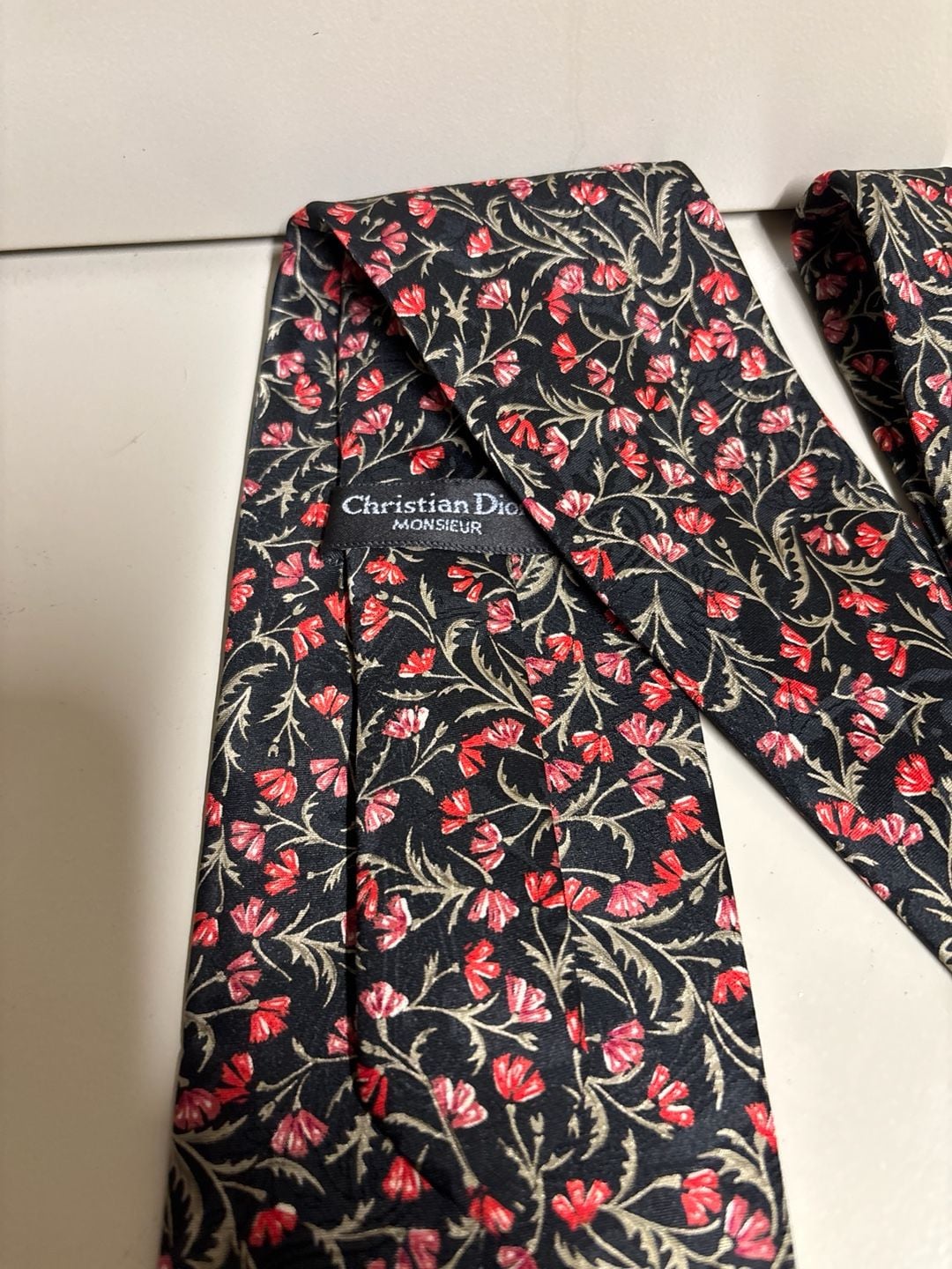 Christian Dior Monsieur Vintage Floral Silk Necktie Black with Red Flower Print 2