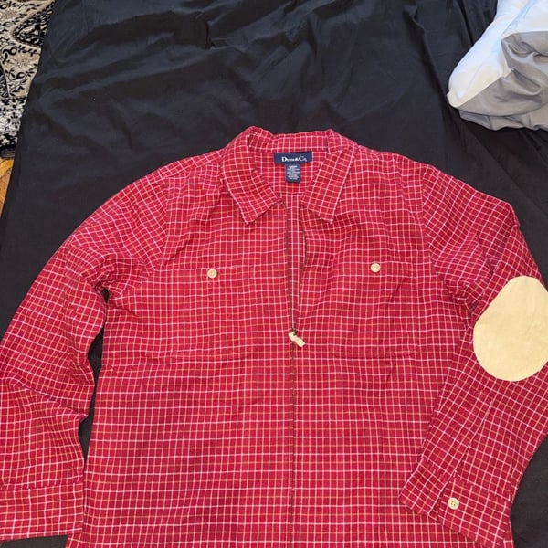 Denim & Co. Red Plaid Zip-Up Flannel Shirt Jacket with Leather Elbow Patches