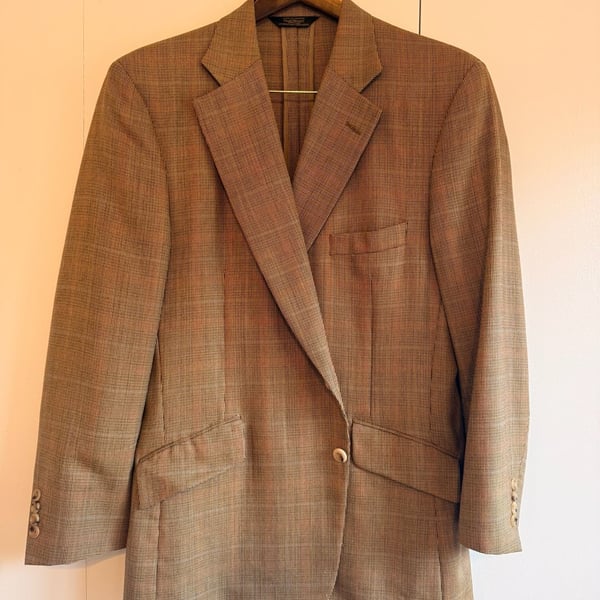 Paul Stuart Men's Brown Micro-check Houndstooth Wool Suit Wool and Silk 44R Made in Canada